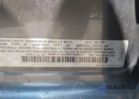 2006 Volkswagen Jetta 2.0T z USA, uszkodzony, nr VIN 3VWKJ71K46M769053